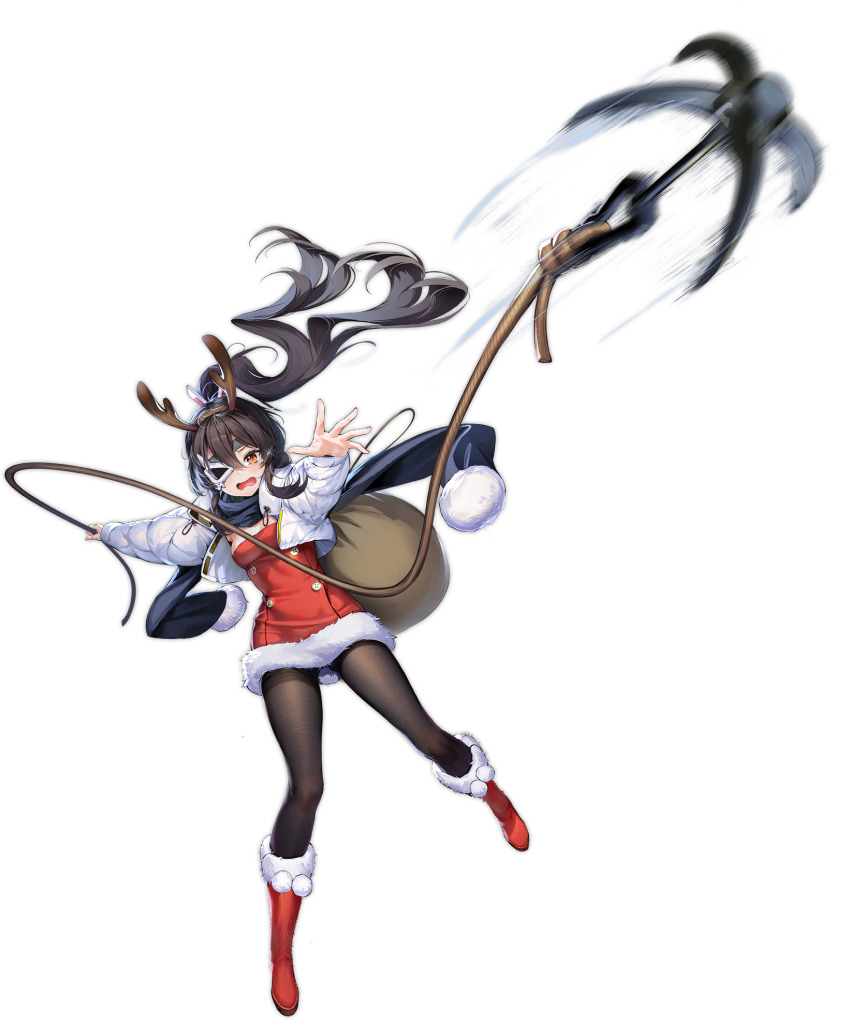 1girl akatsuki_(azur_lane) akatsuki_(santa&#039;s_lost_helper!)_(azur_lane) azur_lane black_hair black_pantyhose boots fur_trim hair_ornament highres horns long_hair looking_at_viewer mask official_alternate_costume official_art one_eye_covered ootsuki_momiji open_mouth pantyhose ponytail red_footwear santa_costume transparent_background