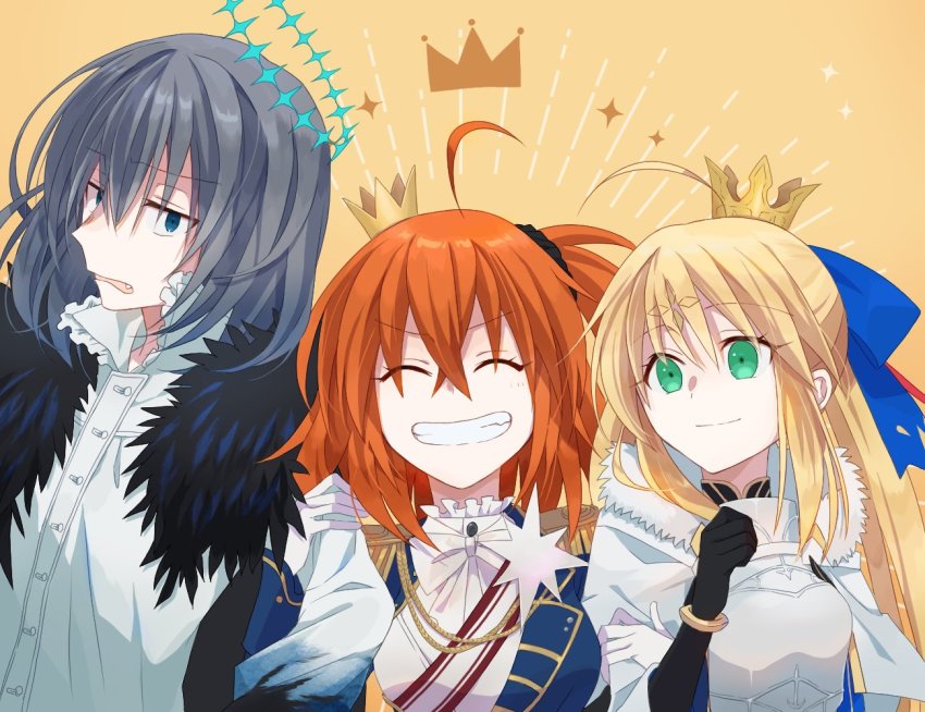 1boy 2girls ahoge armor artoria_caster_(fate) artoria_caster_(third_ascension)_(fate) artoria_pendragon_(fate) black_fur black_gloves blonde_hair blue_bow blue_eyes blue_jacket bow bracelet breasts buttons closed_eyes closed_mouth collar collared_shirt crown diamond_(shape) elbow_gloves fate/grand_order fate_(series) fujimaru_ritsuka_(female) fujimaru_ritsuka_(female)_(halloween_royalty) fur fur_trim gloves green_eyes grey_hair hair_bow jacket jewelry kokiya long_hair long_sleeves multicolored_ribbon multiple_girls oberon_(fate) open_mouth orange_hair ornament ribbon shirt short_hair small_breasts smile white_bow white_gloves white_shirt yellow_background