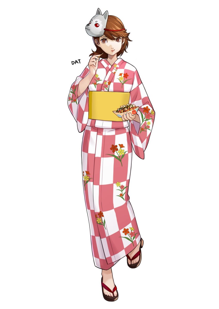1girl :t brown_eyes brown_hair checkered_clothes checkered_kimono da-cart dog_mask eating floral_print food full_body geta hand_up highres holding holding_food japanese_clothes kimono long_sleeves looking_at_viewer mask mask_on_head obi persona persona_3 sash short_hair simple_background solo standing swept_bangs takeba_yukari takoyaki white_background yellow_sash yukata