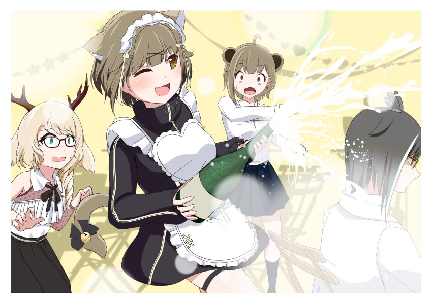 4girls absurdres ahoge animal_ears antlers apron banana_hair_ornament bell black-framed_eyewear black_bow black_hair black_jacket black_skirt blonde_hair blue_eyes blue_hair blush bow cat_ears cat_girl cat_tail chair champagne_flute closed_mouth collared_shirt commentary_request cowboy_shot cup drinking_glass dual_persona floppy_ears food-themed_hair_ornament frown glasses hair_ornament highres horns jacket jingle_bell konan_mia konan_mia_(3rd_costume) luigi_honda maid maid_headdress meerkat_ears multicolored_hair multiple_girls nanashi_inc. neck_bell official_alternate_costume one_eye_closed open_mouth oura_rukako rabbit_ears rabbit_girl shirt short_hair skirt skirt_set smile streaked_hair tail tail_bow tail_ornament thigh_strap track_jacket tsukinoki_tirol unamused virtual_youtuber white_apron white_hair white_shirt x_hair_ornament yellow_background