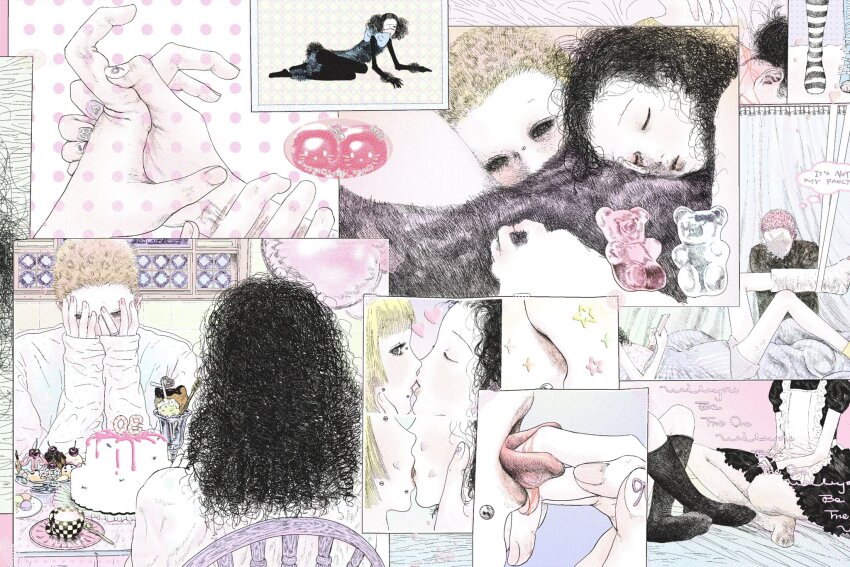 apron bambi_uneifle black_eyes bridge_piercing cake candy closed_eyes closed_mouth curly_hair face_piercing food forked_tongue gummy_bear hand_in_mouth hand_on_own_face highres holding_hands kiss maid maid_apron original piercing shaved_head snakebite_(piercing) socks speech_bubble star_(symbol) sweets tea thought_bubble tongue
