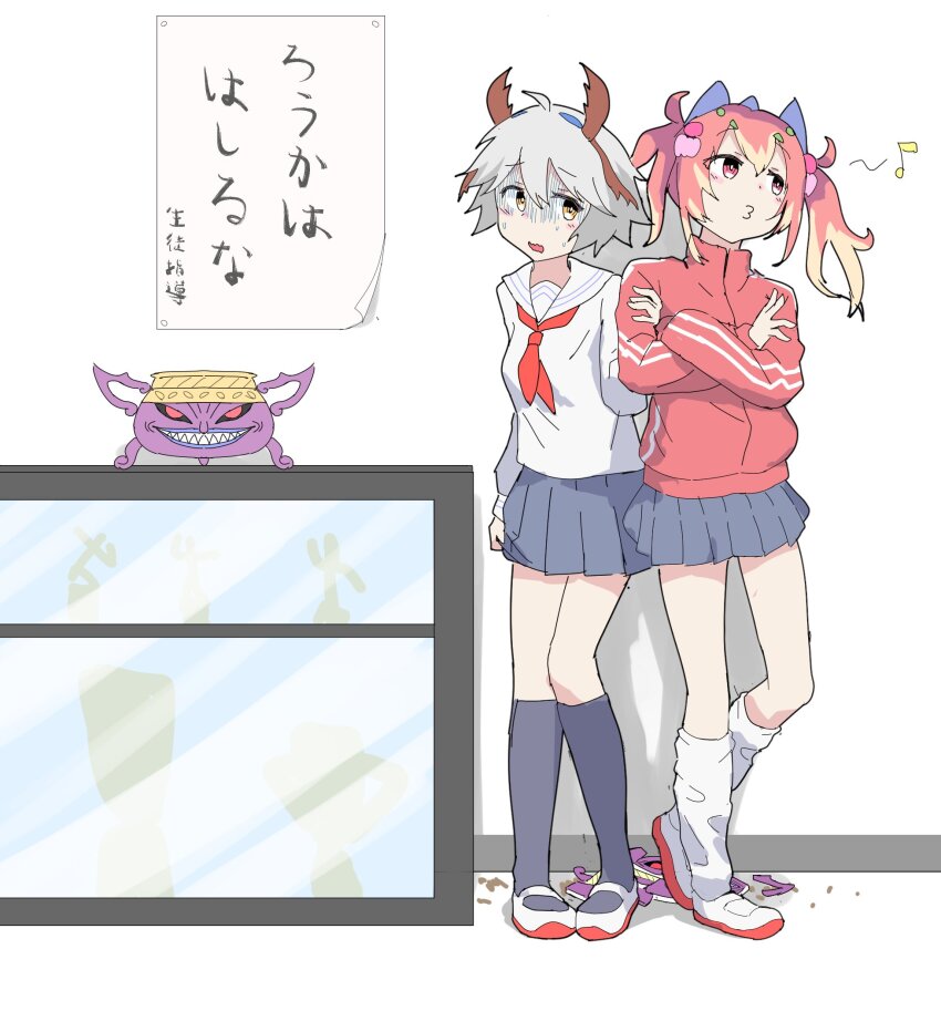 2girls anti-spell_fragrance broken_vase casual duel_monster full_body highres multiple_girls nervous pink_hair red_eyes school_uniform shelf standing thighhighs tomiyama_mishiro translated traptrix_mantis traptrix_myrmeleo twintails vase white_hair yellow_eyes yu-gi-oh! yu-gi-oh!_master_duel zettai_ryouiki