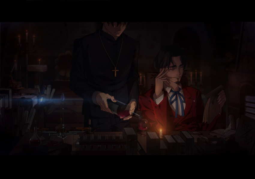 2boys alcohol book bottle brown_hair candle chemistry_set cross cup dagger drinking_glass facial_hair fate/zero fate_(series) goatee highres kisekiguiji knife kotomine_kirei male_focus multiple_boys open_book reading scenery tohsaka_tokiomi weapon wine wine_glass