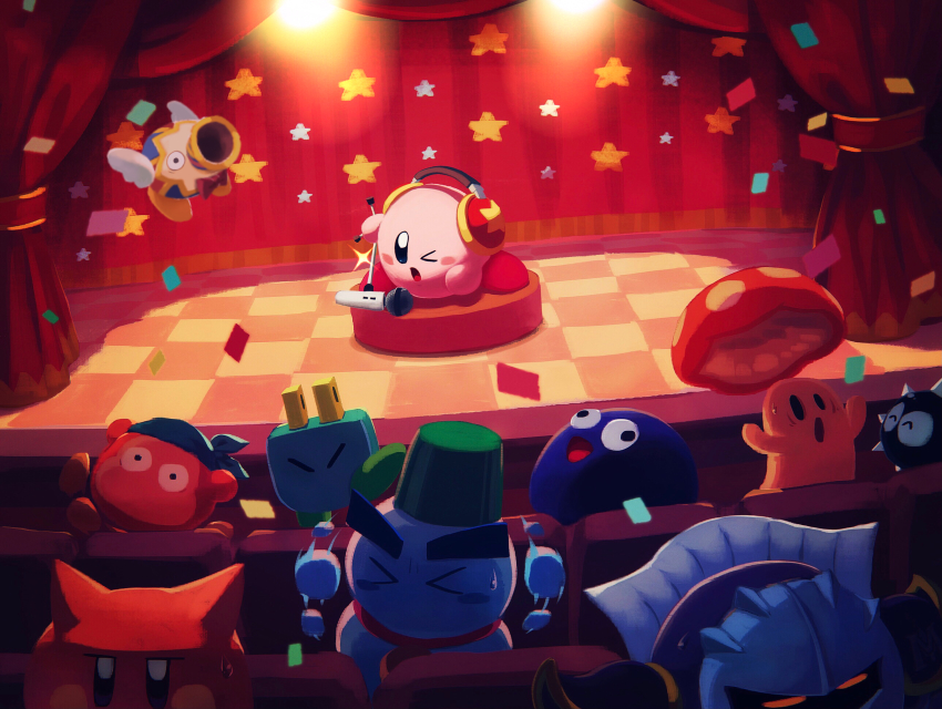 bandana bandana_waddle_dee blue_bandana cappy_(kirby) character_request checkered_floor chilly_(kirby) confetti copy_ability gooey_(kirby) gordo headphones highres kirby kirby_(series) meta_knight microphone mike_kirby nintendo no_humans one_eye_closed plugg_(kirby) revision scarfy stage star_(symbol) suyasuyabi sweat theater