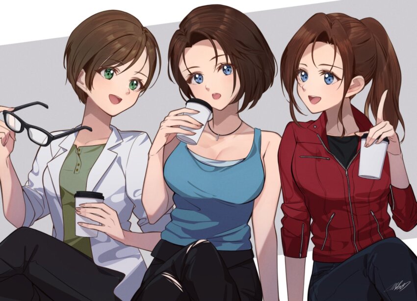 3girls :o arm_support black_pants black_shirt blue_eyes blue_tank_top breasts brown_hair claire_redfield coat crossed_legs cup disposable_coffee_cup disposable_cup green_eyes green_shirt high_ponytail holding holding_cup holding_removed_eyewear jacket jewelry jill_valentine lab_coat large_breasts looking_at_another looking_at_viewer mar0maru medium_breasts multiple_girls necklace open_clothes open_coat open_mouth pants ponytail rebecca_chambers red_jacket resident_evil resident_evil:_death_island shirt short_hair signature tank_top torn_clothes unworn_eyewear