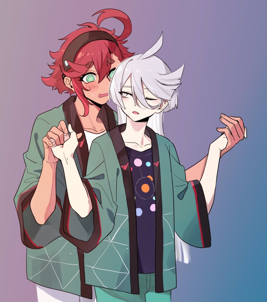 2girls @_@ ahoge blush_stickers collarbone green_eyes grey_eyes gundam gundam_suisei_no_majo hairband happi highres holding_hands japanese_clothes knightym22 long_hair looking_at_another miorine_rembran multiple_girls one_eye_closed open_mouth pants red_hair shirt simple_background suletta_mercury t-shirt white_hair yuri