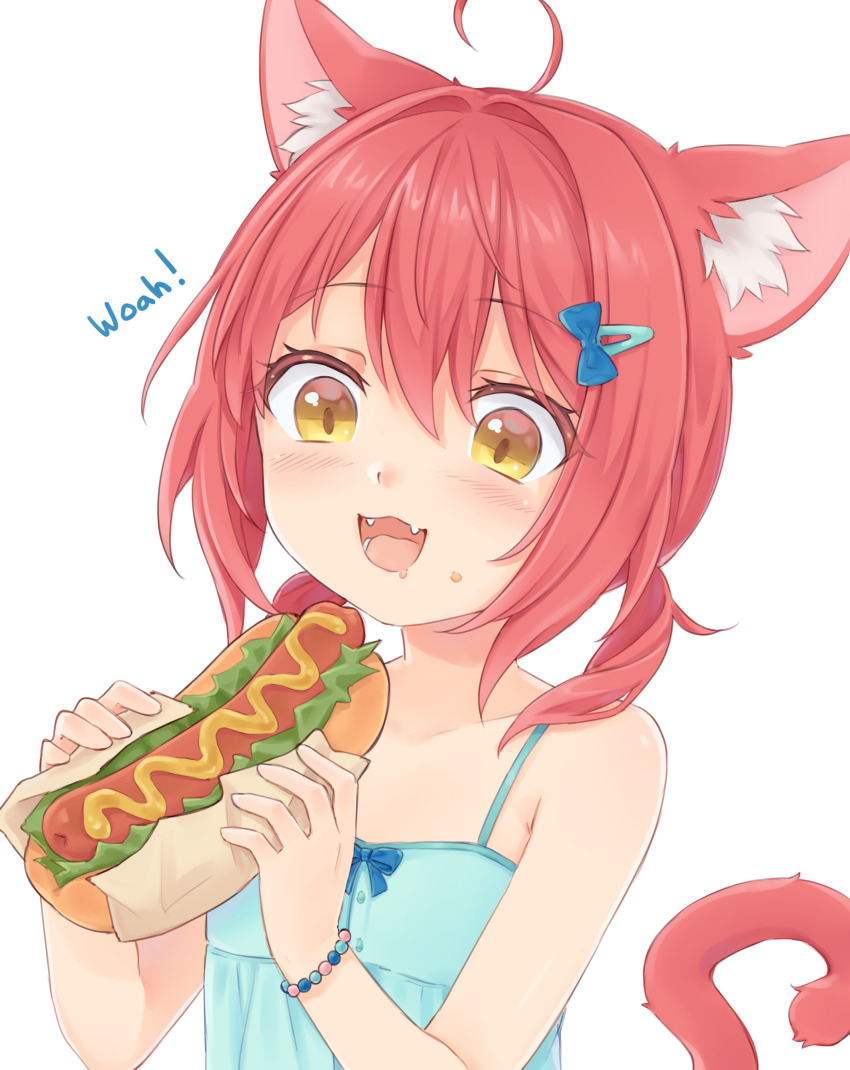 1girl :3 absurdres ahoge animal_ear_fluff animal_ears blue_dress cat_ears cat_girl cat_tail commentary_request dress fangs food food_on_face hair_ornament highres holding hot_dog nirunirin open_mouth original red_hair russian_commentary short_hair solo tail upper_body white_background yellow_eyes