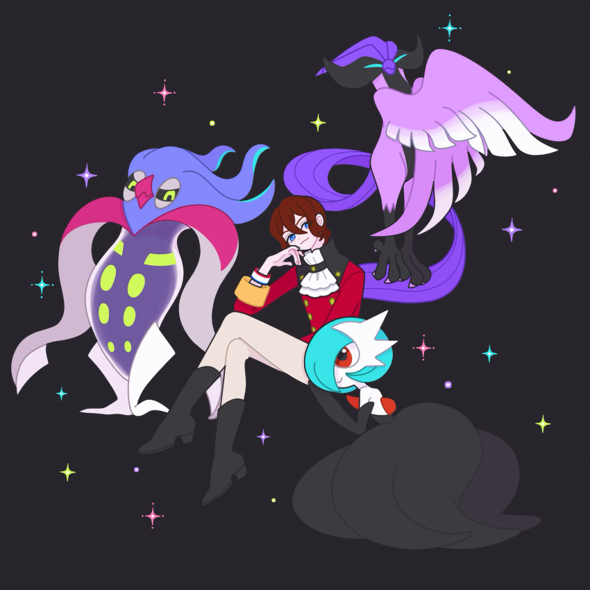 1boy :3 ascot black_boots blue_eyes boots brown_hair closed_mouth crossed_legs crossover full_body galarian_articuno galarian_form gardevoir gen_3_pokemon gen_6_pokemon gen_8_pokemon hair_between_eyes hand_on_own_cheek hand_on_own_face hand_up high_heel_boots high_heels highres invisible_chair jacket king_of_prism knee_boots legendary_pokemon long_sleeves looking_at_viewer malamar mega_gardevoir mega_pokemon nintendo norizuki_jin nyaasechan pants pokemon pokemon_(creature) pretty_rhythm pretty_series red_jacket short_hair sitting smile solo sparkle white_ascot white_pants