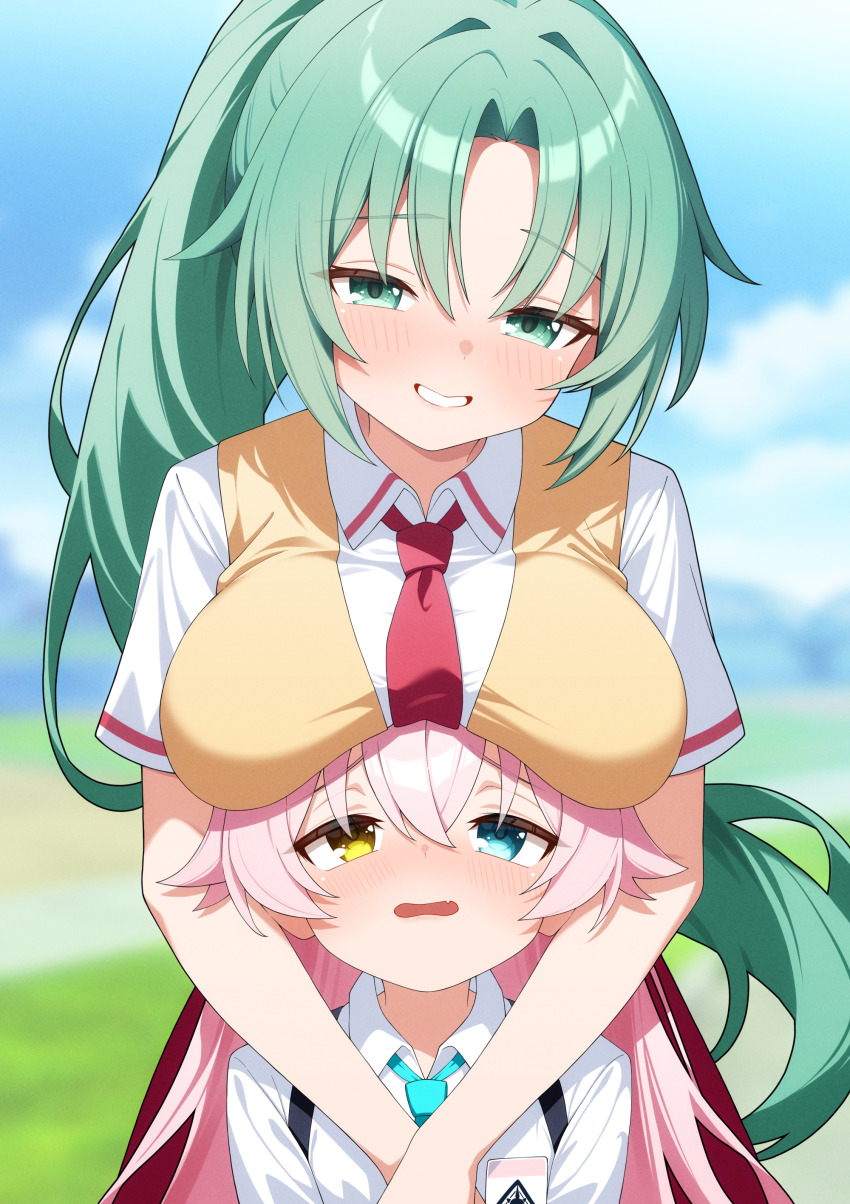 2girls absurdres aqua_necktie blue_archive blue_eyes breast_rest breasts breasts_on_head collared_shirt crossover darkswan green_eyes green_hair hair_between_eyes height_difference heterochromia highres higurashi_no_naku_koro_ni hoshino_(blue_archive) large_breasts long_hair multiple_girls necktie open_mouth parted_bangs pink_hair ponytail red_necktie school_uniform shirt short_sleeves smile sonozaki_mion very_long_hair vest white_shirt yellow_eyes yellow_vest