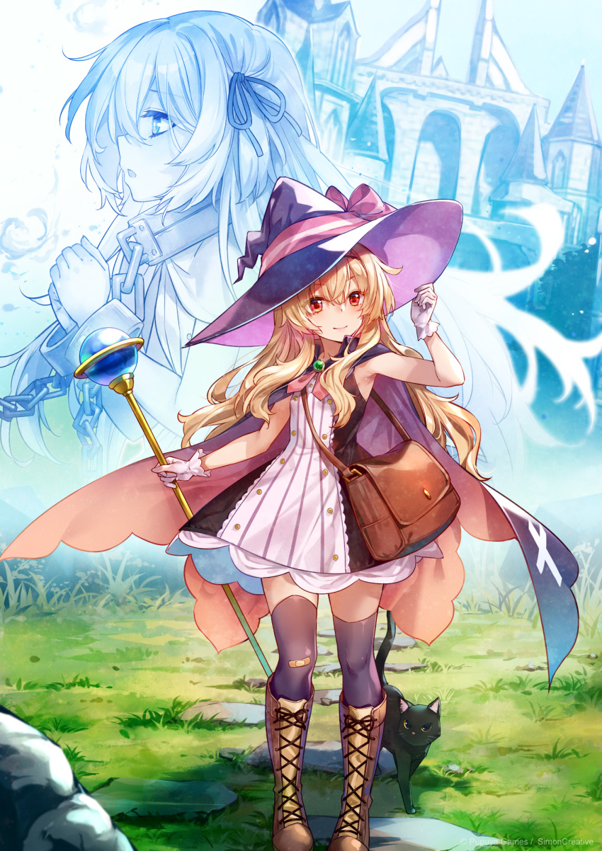 2girls bag bandaid bandaid_on_knee bandaid_on_leg black_cat blonde_hair boots brown_footwear cape cat dress full_body gloves hat highres holding holding_staff holding_wand knee_boots little_witch_nobeta long_hair multiple_girls nobeta nobeta_(witch_skin) nonota_(little_witch_nobeta) official_art outdoors palace phyllis_(cat)_(little_witch_nobeta) phyllis_(little_witch_nobeta) purple_thighhighs red_eyes shoulder_bag sleeveless staff standing thighhighs very_long_hair wand weapon white_gloves witch_hat yellow_eyes zettai_ryouiki
