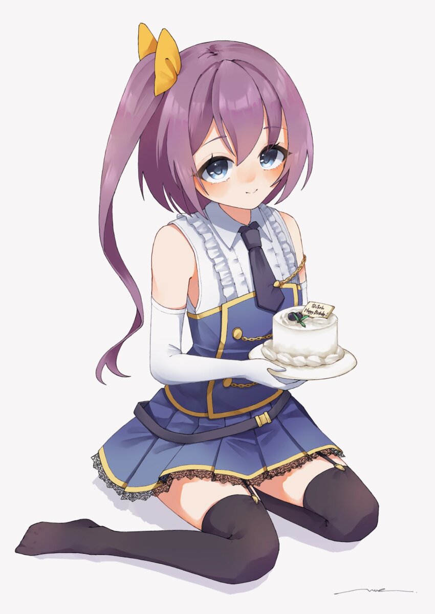 1girl amahara_nue artist_name assault_lily bare_shoulders belt belt_buckle birthday_cake black_belt black_thighhighs blue_eyes blue_shirt blue_skirt blush buckle cake closed_mouth collared_shirt commentary elbow_gloves food frilled_shirt frills full_body garter_straps gloves grey_background hair_ribbon hand_up happy_birthday high_ponytail highres holding holding_plate kawanabe_nazuna lace lace-trimmed_skirt lace_trim long_hair looking_at_viewer loose_belt miniskirt no_shoes odaiba_girls_high_school_uniform orange_ribbon plate pleated_skirt ponytail purple_hair ribbon school_uniform shadow shirt side_ponytail signature simple_background sitting skirt sleeveless sleeveless_shirt smile solo thighhighs translated two-tone_shirt white_gloves white_shirt yokozuwari zettai_ryouiki