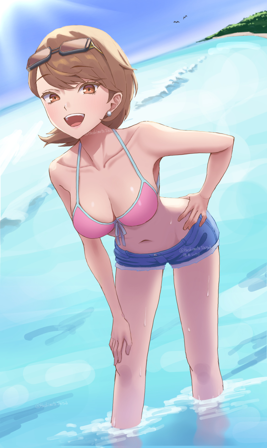 1girl absurdres bare_arms bare_legs bare_shoulders beach bikini bikini_top_only bird blue_shorts blue_sky breasts brown_eyes brown_hair collarbone commentary_request denim denim_shorts earrings eyewear_on_head feet_out_of_frame flipped_hair front-tie_bikini_top front-tie_top halterneck hand_on_own_hip hand_on_own_knee highres jewelry leaning_forward looking_at_viewer medium_breasts navel ocean official_alternate_costume open_mouth outdoors papapa_yoisyo pearl_earrings persona persona_3 pink_bikini short_hair short_shorts shorts sky solo standing stomach sunglasses sunlight swimsuit takeba_yukari teeth twitter_username upper_teeth_only wading water wet