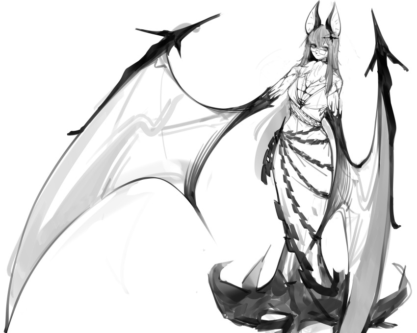 1girl 3gs animal_ears animal_nose bat_ears bat_girl bat_wings body_fur breasts chain closed_mouth dress female_focus full_body furry furry_female greyscale hair_ornament happy large_breasts long_dress long_hair looking_to_the_side mature_female monochrome neck_fur original sidelocks sideways_glance simple_background sketch smile solo standing white_background winged_arms wings