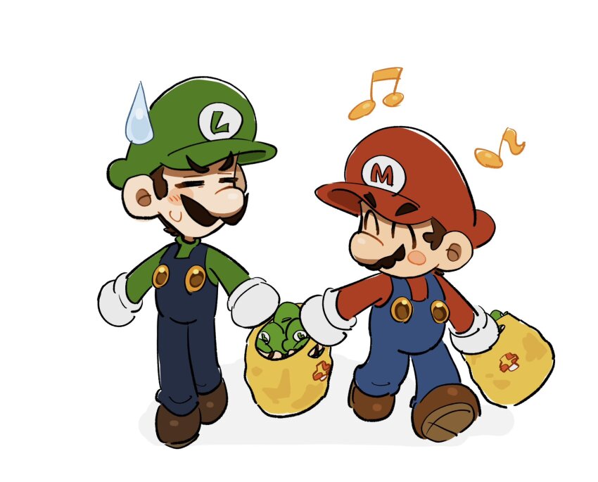 2boys annoyed bag blue_overalls brothers brown_footwear brown_hair closed_eyes facial_hair full_body gloves green_hat green_shirt hat highres holding holding_bag long_sleeves luigi mario mario_(series) mimimi_(mimimim9999) multiple_boys musical_note mustache nintendo overalls red_hat red_shirt shirt shoes short_hair siblings simple_background stuffed_toy white_gloves