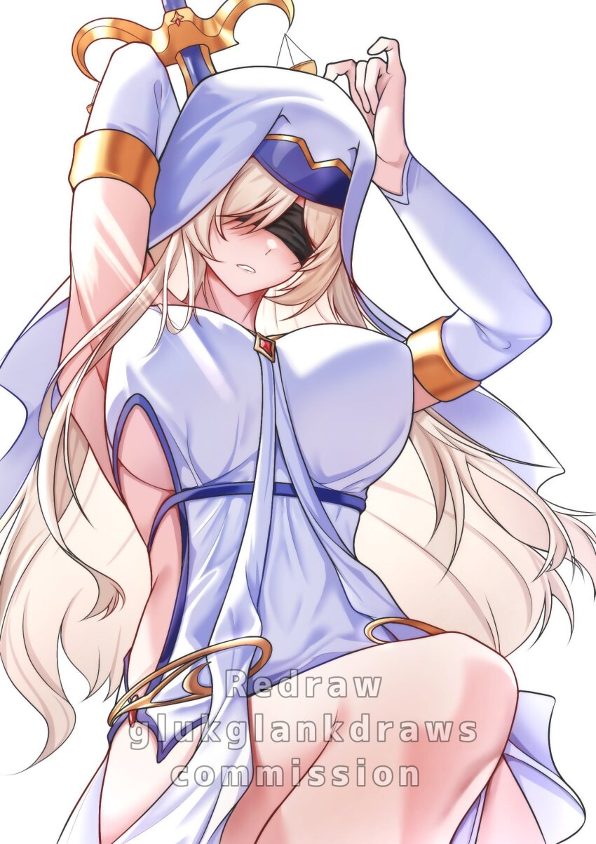 1girl arms_up blindfold blonde_hair breasts commission covered_erect_nipples dress glukglankdraws goblin_slayer! highres holding holding_staff large_breasts long_hair nun polearm sideboob sideless_dress simple_background solo staff sword_maiden swordstaff veil very_long_hair weapon white_background white_dress white_veil