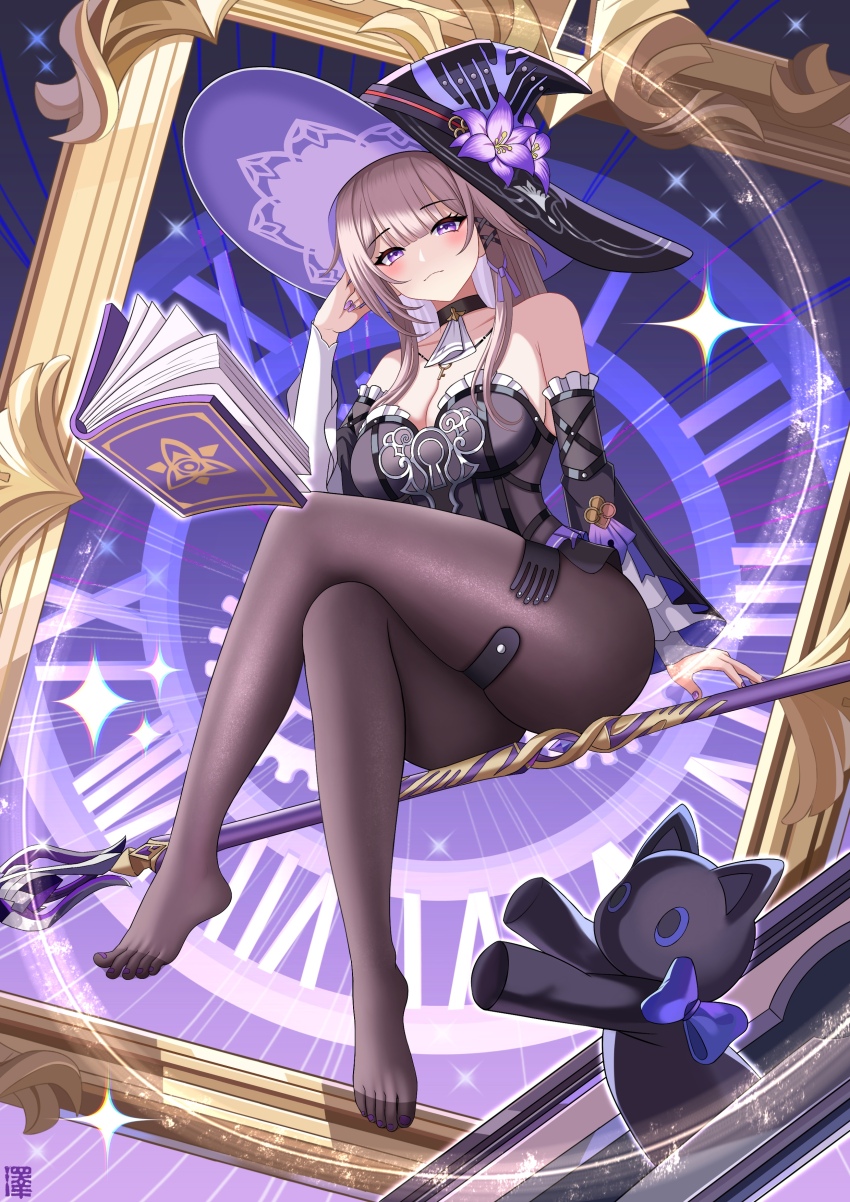 1girl absurdres alternate_breast_size_(larger) bare_shoulders black_cat black_dress black_pantyhose book breasts brown_hair cat cleavage commentary_request crossed_legs detached_sleeves dress empty_picture_frame hat herta_(honkai:_star_rail) highres honkai:_star_rail honkai_(series) large_breasts long_hair pantyhose picture_frame purple_eyes solo staff_riding the_herta_(honkai:_star_rail) thighs toes very_long_hair witch_hat zekong_pioneer