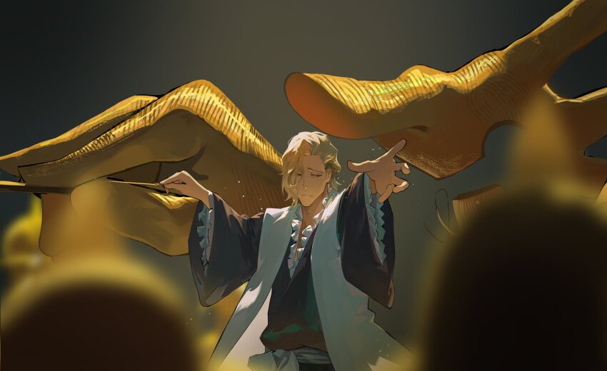 1boy bankai black_kimono bleach bleach:_sennen_kessen-hen blonde_hair blurry closed_mouth conductor conductor_baton depth_of_field expressionless extra_arms frilled_kimono frilled_sleeves frills grey_background hair_over_one_eye half-closed_eyes haori highres holding_baton japanese_clothes kimono long_hair long_sleeves looking_at_viewer male_focus mature_male obi ootoribashi_roujuurou outstretched_arms outstretched_hand sash simple_background solo split_mouth upper_body wide_sleeves zzz_zhi_he
