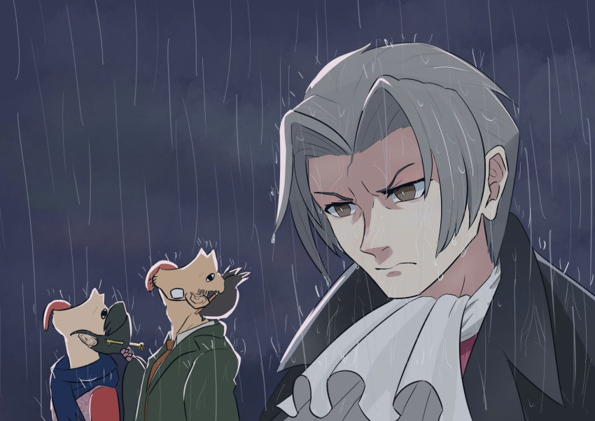 1girl 2boys absurdres ace_attorney ace_attorney_investigations ace_attorney_investigations:_miles_edgeworth ascot black_coat clanel_de_wargham coat dick_gumshoe goku_and_vegeta_in_the_rain_(meme) grey_hair highres kay_faraday key looking_down looking_up meme miles_edgeworth multiple_boys necktie non-web_source pencil rain scarf tongue tongue_out
