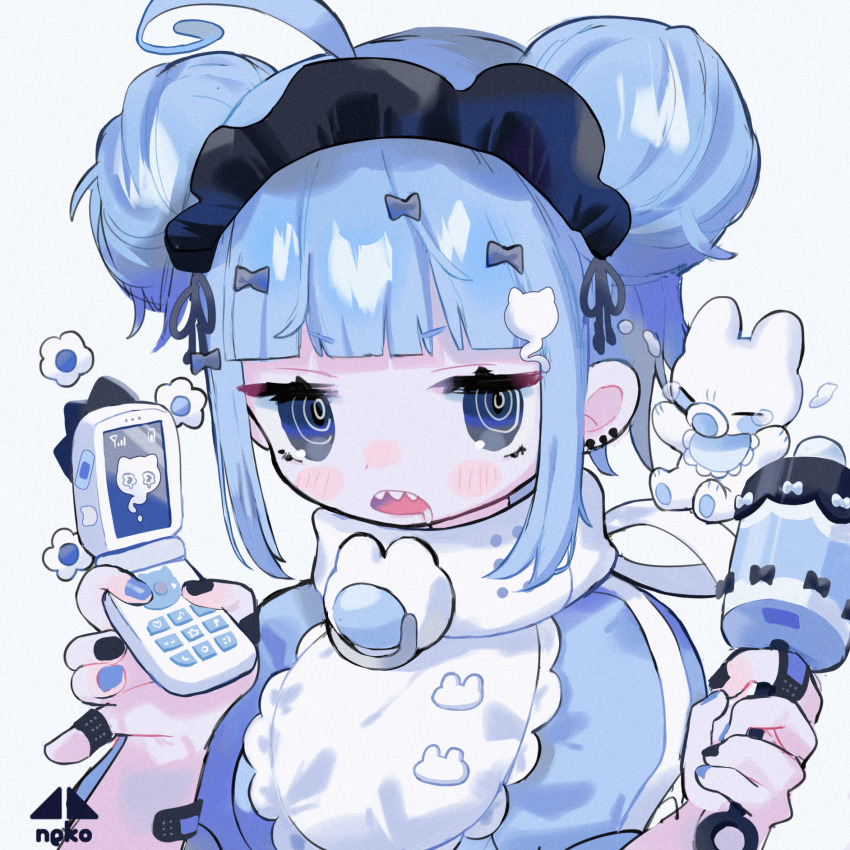 1girl @_@ ahoge bandaid bandaid_on_arm bandaid_on_finger bib black_bow black_eyes black_nails blue_hair blue_nails blue_shirt blush_stickers bow cat_hair_ornament cellphone commentary_request cotono_(nazekun) double_bun drooling earrings film_grain flip_phone hair_bow hair_bun hair_ornament highres holding holding_phone holding_rattle jewelry jitome maid_headdress multicolored_nails open_mouth original phone rattle sharp_teeth shirt short_hair sidelocks simple_background solo stud_earrings stuffed_animal stuffed_rabbit stuffed_toy teeth upper_body white_background