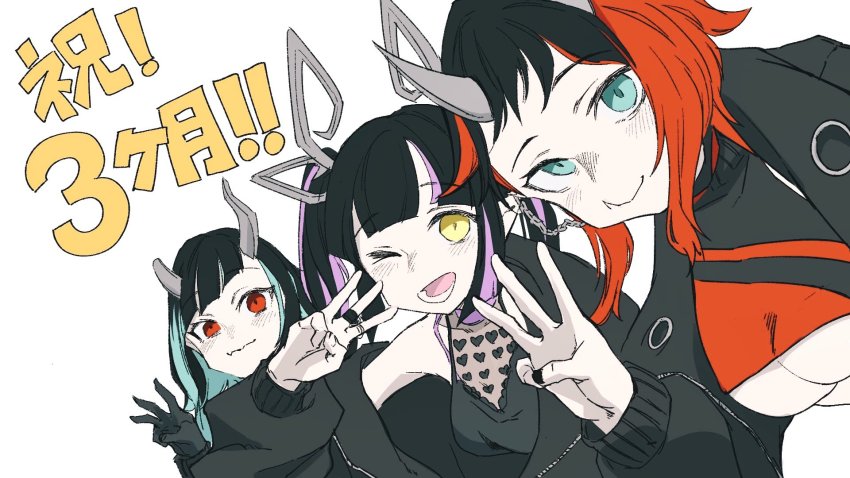 3girls black_gloves black_hair black_jacket black_nails black_shirt black_sports_bra blouse blue_eyes blue_hair blunt_bangs breasts cleavage closed_mouth commentary_request demon_girl demon_horns ear_chain fang fang_out gin_(tttetu123) gloves heart heart_print highres horns jacket jewelry kojo_anna kojo_anna_(1st_costume) large_breasts linked_piercing long_hair long_sleeves looking_at_viewer medium_breasts multicolored_hair multiple_girls nail_polish nanashi_inc. open_clothes open_jacket open_mouth pointy_ears purple_hair red_eyes red_hair red_sports_bra ring ryugasaki_rene see-through_cleavage see-through_clothes see-through_shirt shirt shishio_chris short_hair simple_background skin_fang sleeveless sleeveless_shirt smile sports_bra sugar_lyric two-tone_hair underboob upper_body virtual_youtuber w white_background yellow_eyes