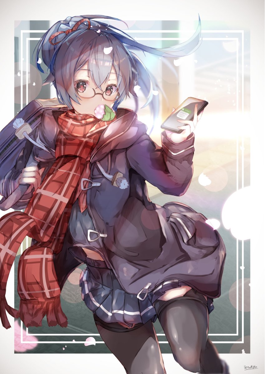 1girl alpha_beta artoria_pendragon_(fate) bag blue_hair bow coat cosplay duffel_coat fate/grand_order fate_(series) food food_in_mouth glasses highres long_hair mysterious_heroine_x_alter_(fate) mysterious_heroine_x_alter_(fate)_(cosplay) mysterious_heroine_x_alter_(first_ascension)_(fate) open_clothes open_coat phone plaid_clothes plaid_scarf pleated_skirt ponytail red_bow red_eyes scarf school_bag school_uniform skirt tomoe_gozen_(fate) very_long_hair