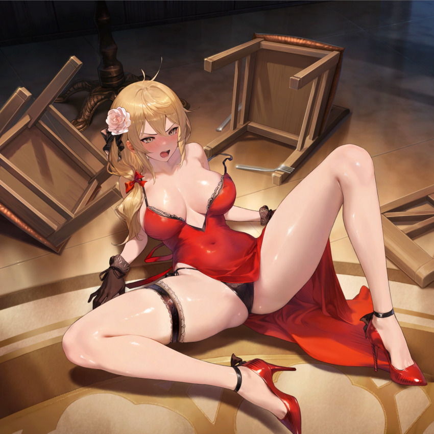 1girl angry black_panties blonde_hair blush breasts brown_dust_(series) brown_dust_2 brown_eyes brown_gloves covered_navel dress elise_(brown_dust_2) embarrassed fallen_down flower fork full-face_blush full_body game_cg gloves hair_flower hair_ornament high_heels highres large_breasts looking_ahead non-web_source official_art open_mouth panties pantyshot red_dress shadow solo spread_legs stiletto_heels teeth thigh_strap underwear white_flower wooden_chair