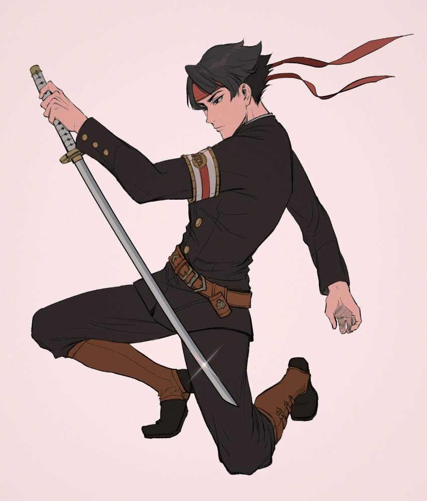 1boy ace_attorney armband belt black_eyes black_hair black_jacket black_pants boots bright_pupils brown_belt brown_boots buttons closed_mouth full_body glint grey_background headband highres holding holding_sword holding_weapon jacket katana kaze_(yznyttdgs) kazuma_asogi knee_boots long_sleeves male_focus on_one_knee pants red_headband short_hair simple_background solo sword the_great_ace_attorney weapon white_pupils