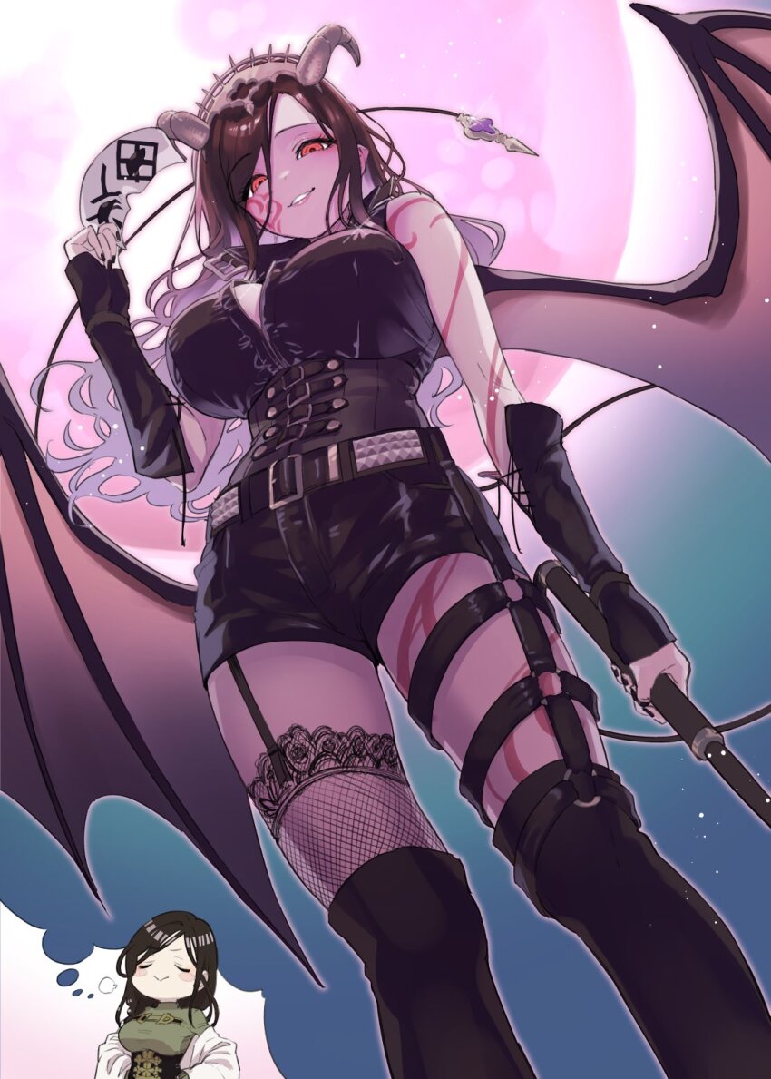 1girl asymmetrical_legwear belt black_corset black_hair black_shirt black_shorts black_thighhighs blush breasts chibi corset demon_horns demon_tail demon_wings facial_hair feet_out_of_frame garter_straps green_sweater grin hairband heart heart_tattoo herio high-waist_skirt highres holding holding_mask holding_whip horns huge_breasts lace lace-trimmed_legwear lace_trim large_breasts light_particles long_hair looking_at_viewer mask moon nijisanji orange_eyes pink_moon pointy_ears shawl shirayuki_tomoe shirayuki_tomoe_(9th_costume) shirt shorts skirt smile smug solo speech_bubble spiked_hairband spikes standing sweater swept_bangs tail tattoo thighhighs thought_bubble virtual_youtuber white_belt white_shawl wings