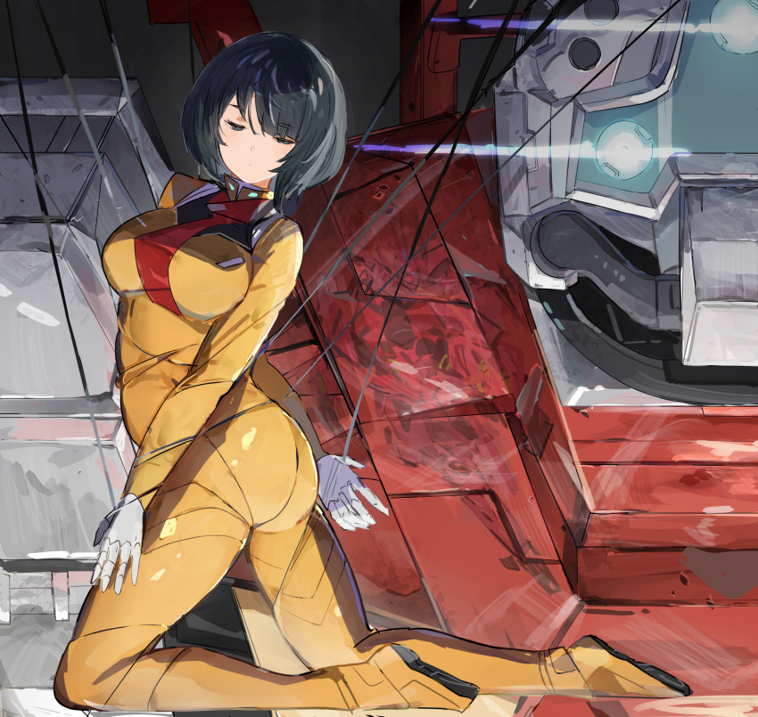 1girl assault_visor black_hair blue_visor bob_cut bodysuit breasts closed_eyes closed_mouth commentary_request gelgoog gelgoog_(gquuuuuux) gundam gundam_gquuuuuux highres kneeling large_breasts mecha mecha_pilot_suit mobile_suit normal_suit_(gundam) orange_bodysuit restrained robot science_fiction shiiko_sugai short_hair solo the_olphy