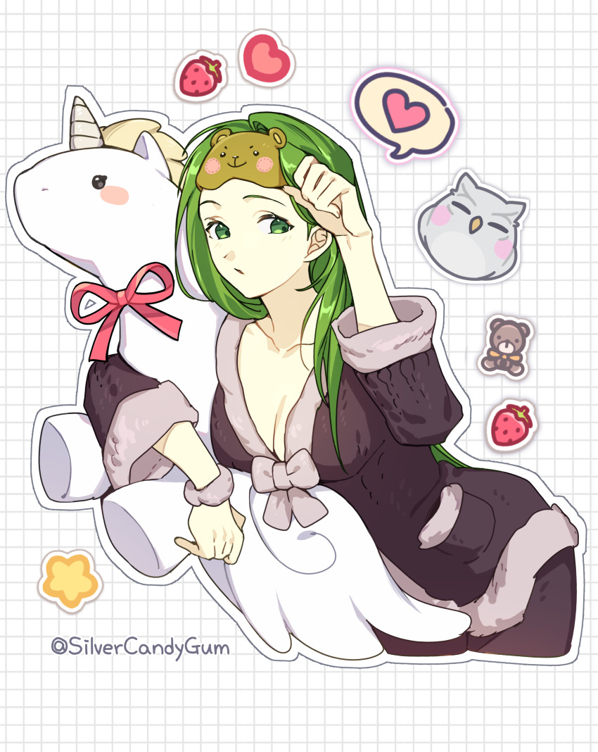 1girl absurdres alternate_costume breasts cleavage commentary commission contemporary cropped_legs english_commentary feh_(fire_emblem_heroes) fire_emblem fire_emblem:_the_sacred_stones green_eyes green_hair highres holding holding_stuffed_toy long_hair nintendo pixiv_commission silvercandy_gum solo stuffed_animal stuffed_toy stuffed_unicorn syrene_(fire_emblem) twitter_username
