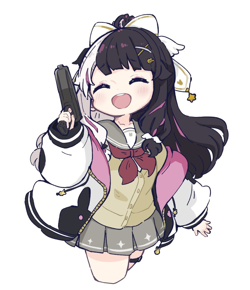 1girl :d ^_^ black_hair blush brown_cardigan cardigan chibi closed_eyes commentary cropped_legs facing_viewer grey_hair grey_sailor_collar grey_skirt gun hair_ornament hairclip handgun highres holding holding_gun holding_weapon hood hood_down hooded_jacket jacket long_hair long_sleeves multicolored_hair neckerchief nijisanji nozo_(hitomiz) open_clothes open_jacket open_mouth pink_hair pleated_skirt ponytail puffy_long_sleeves puffy_sleeves red_neckerchief sailor_collar simple_background skirt smile solo star_(symbol) symbol-only_commentary teeth two-tone_hair upper_teeth_only very_long_hair virtual_youtuber weapon weapon_request white_background white_jacket x_hair_ornament yorumi_rena yorumi_rena_(9th_costume)