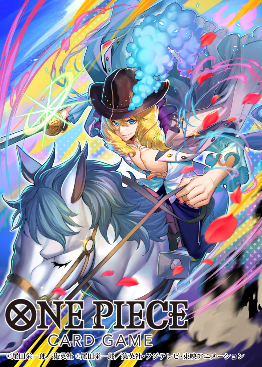 1boy animal bashikou blonde_hair blue_eyes cavendish_(one_piece) coat coat_on_shoulders commentary_request copyright_name drill_hair farul frilled_sleeves frills glint hair_between_eyes hat hat_feather highres holding holding_sword holding_weapon horse horseback_riding light_smile long_hair looking_to_the_side multicolored_background official_art one_piece one_piece_card_game petals red_petals riding shirt sword weapon white_shirt