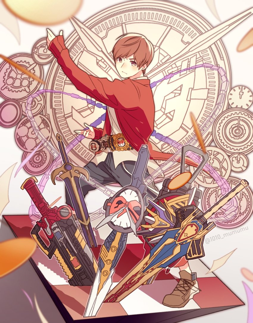 1010_mumumu brown_footwear brown_hair checkered_floor clock clock_hands clockwork commentary_request denkamen_gasher fullbottle_buster gears grand_zi-o_rider_watch henshin henshin_pose highres kamen_rider kamen_rider_zi-o_(series) king_rouzer male_focus planted planted_sword planted_weapon rider_watch saikyo_girade shoes sword time_travel titan_sword tokiwa_sougo twitter_username weapon zi-o_rider_watch