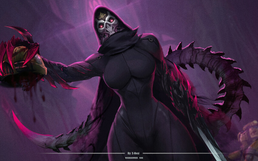 1girl arm_blade armor artist_name assassin black_bodysuit bodysuit breasts clawed_hands copyright_name disembodied_head glowing glowing_eyes highres holding holding_detached_head holding_weapon hood hood_up imperial_fists large_breasts legienstrasse maerorus_assassin mask officio_assassinorum red_eyes skull skull_mask solo_focus space_marine spiked_tail tail warhammer_40k weapon zhang_bozi