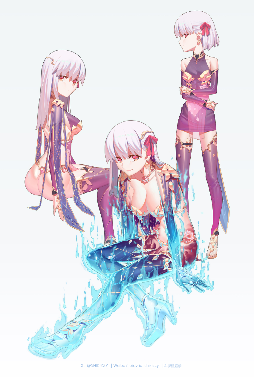 1girl absurdres armlet armor ass bare_shoulders bikini_armor blue_skin blush body_markings breasts circlet cleavage collar colored_inner_hair colored_skin detached_sleeves dress earrings fate/grand_order fate_(series) flower glowing_legs gold_lotus gold_petals gold_thong gradient_skin hair_ribbon highres indian_clothes jewelry kama_(fate) kama_(first_ascension)_(fate) kama_(second_ascension)_(fate) kama_(third_ascension)_(fate) large_breasts long_hair looking_at_viewer lotus lotus_earrings lotus_print metal_bracelet metal_collar multicolored_hair multiple_persona navel open_mouth panties pelvic_curtain pink_ribbon purple_dress purple_skirt purple_sleeves purple_thighhighs red_eyes ribbon ring shiki_zzy short_hair skirt small_breasts smile starry_hair thighhighs thighlet thighs type-moon underwear white_hair