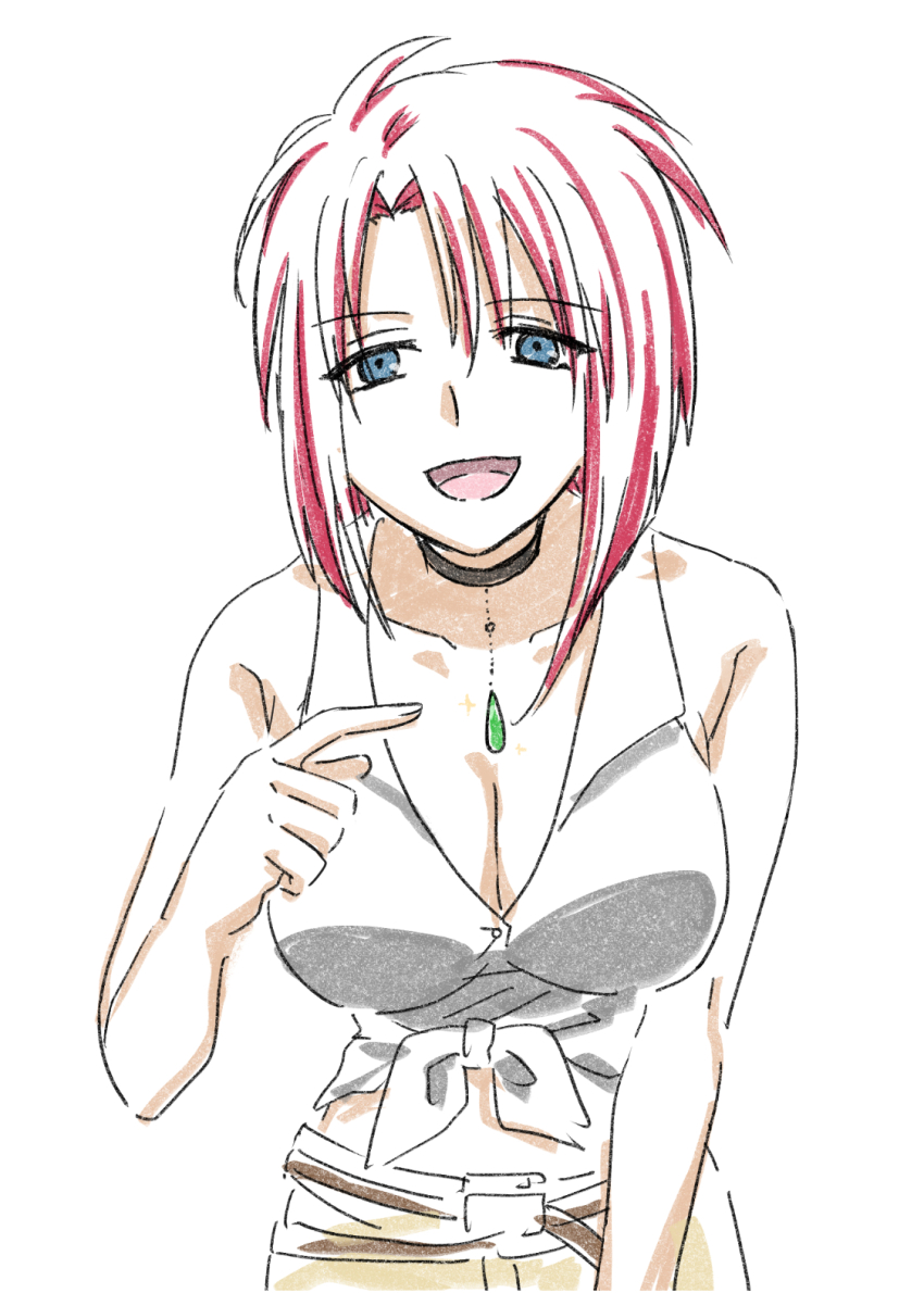 1girl :d blue_eyes breasts choker cleavage collarbone cowboy_shot forte_stollen galaxy_angel hair_between_eyes highres jewelry kitaru looking_at_viewer open_mouth pointing pointing_to_the_side red_hair shirt sidelocks smile solo tied_shirt white_background white_shirt