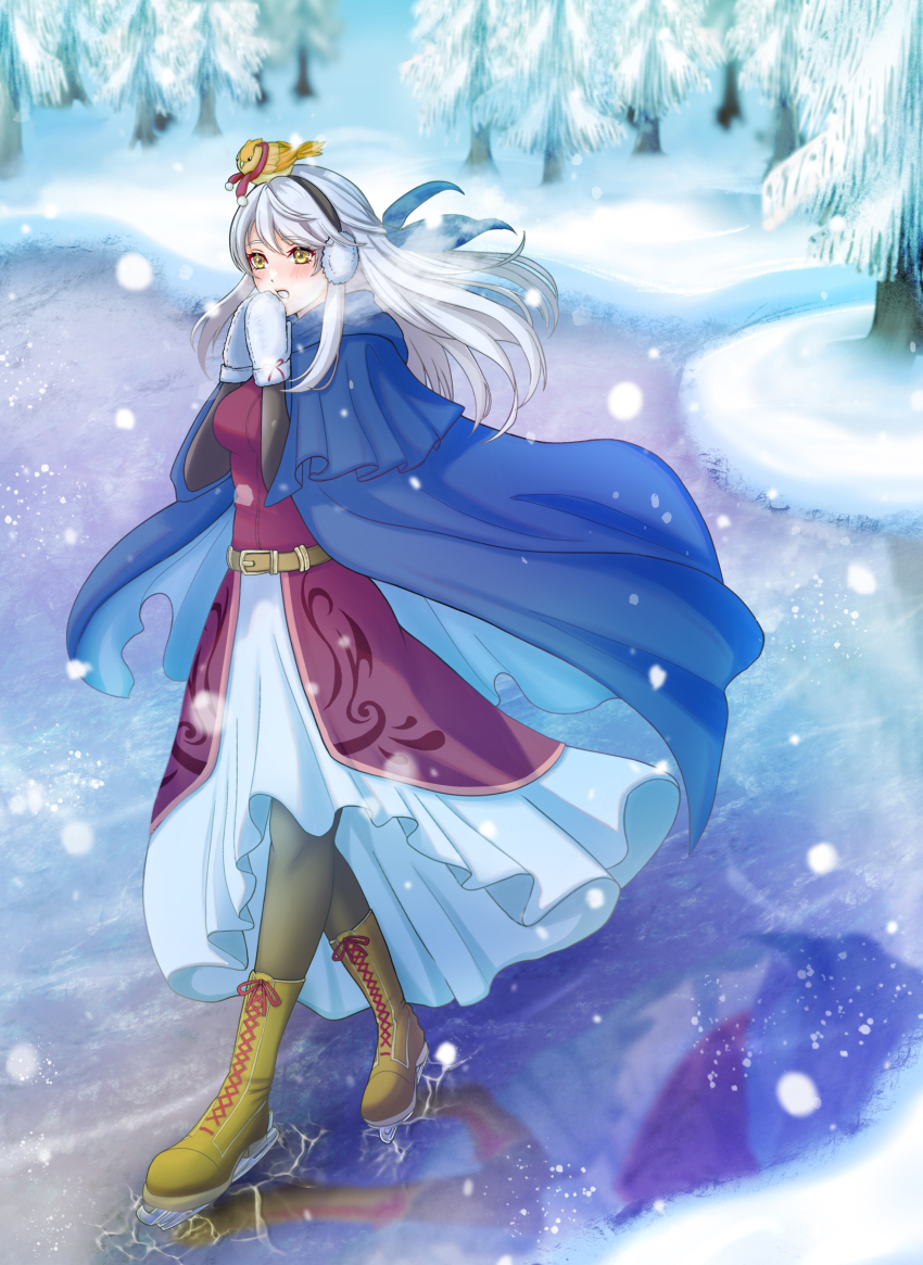 1girl absurdres adapted_costume animal animal_on_head bird bird_on_head black_gloves black_pantyhose blue_cape blue_scarf blush boots bow brown_boots cape dress earmuffs elbow_gloves fire_emblem fire_emblem:_radiant_dawn forest gloves grey_hair hair_bow hair_ribbon half_updo highres ice jewelry kousetu0506 long_hair micaiah_(fire_emblem) mittens nature nintendo on_head pantyhose red_scarf reflection ribbon scarf skirt snow snowing solo white_skirt winter winter_clothes yellow_eyes yune_(fire_emblem)