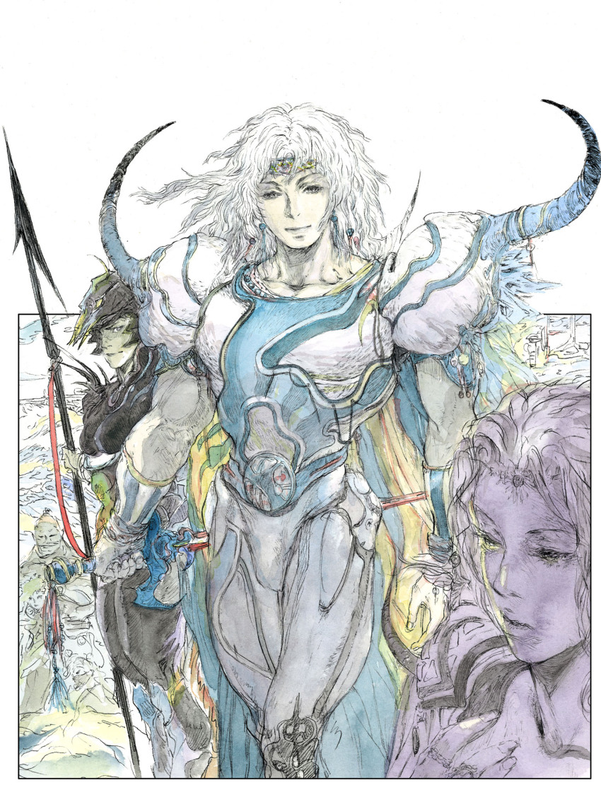 1girl 2boys armor black_armor black_helmet blue_armor blue_cape cain_(granblue_fantasy) cape cecil_harvey circlet earrings final_fantasy final_fantasy_iv helmet highres holding holding_polearm holding_sword holding_weapon jewelry long_hair looking_at_viewer male_focus multicolored_armor multicolored_cape multiple_boys pale_skin polearm reverse_grip rosa_farrell rydia_(adult)_(ff4) rydia_(ff4) shoulder_spikes solo_focus spear sphere_earrings spikes sword weapon white_armor white_hair yasuda_akira yellow_cape