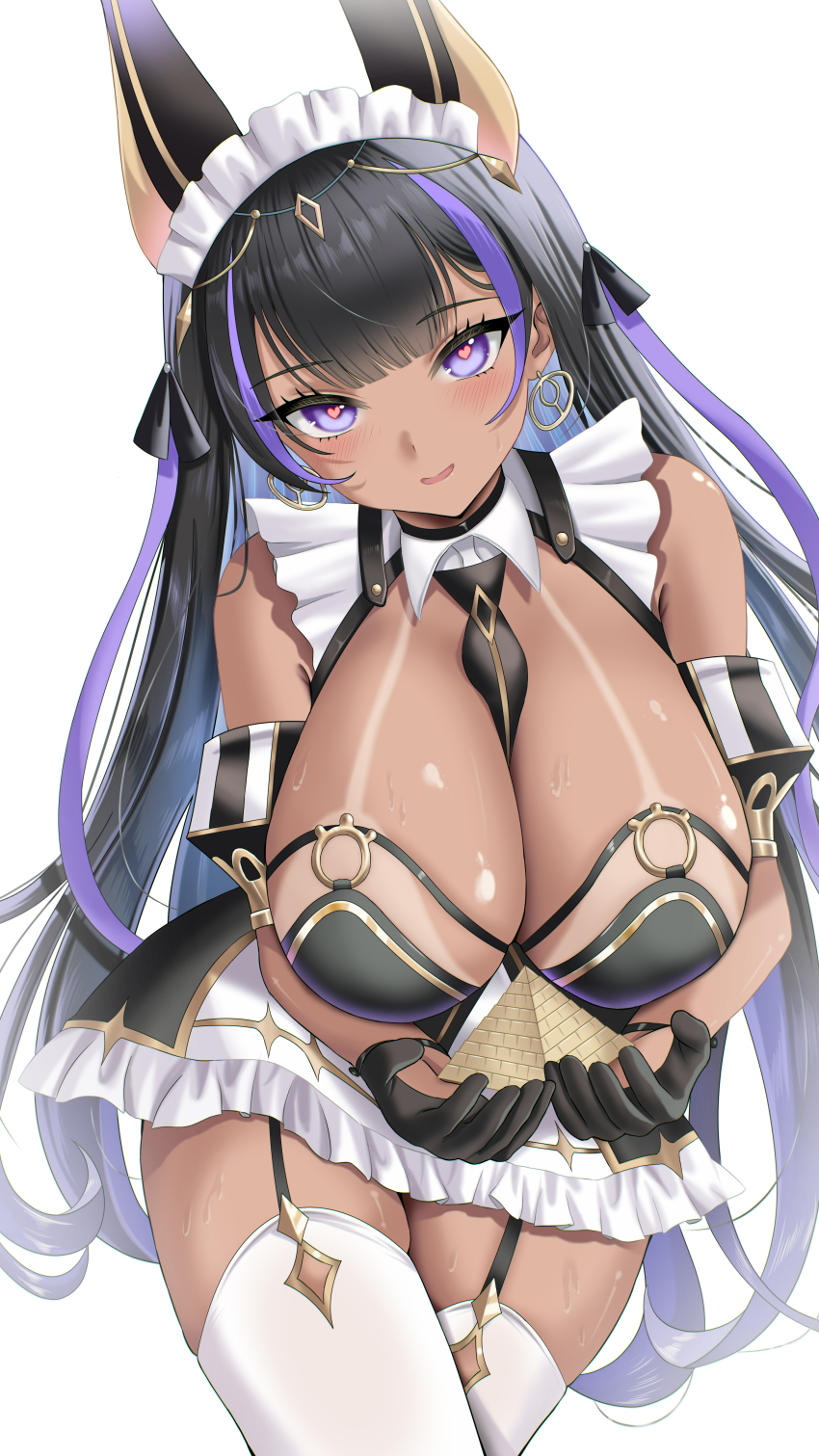 1girl absurdres animal_ears azur_lane bent_over between_breasts bikini bikini_tan black_gloves black_hair blush breasts buko_(bukosuki) cleopatra_(azur_lane) commentary_request commission dark-skinned_female dark_skin earrings garter_straps gloves heart heart-shaped_pupils highres huge_breasts jackal_ears jackal_girl jewelry leaning_forward looking_at_viewer maid multicolored_hair necktie necktie_between_breasts pixiv_commission purple_streaks simple_background solo strapless strapless_bikini streaked_hair swimsuit symbol-shaped_pupils tan tanline thighhighs thighs wet white_background white_thighhighs