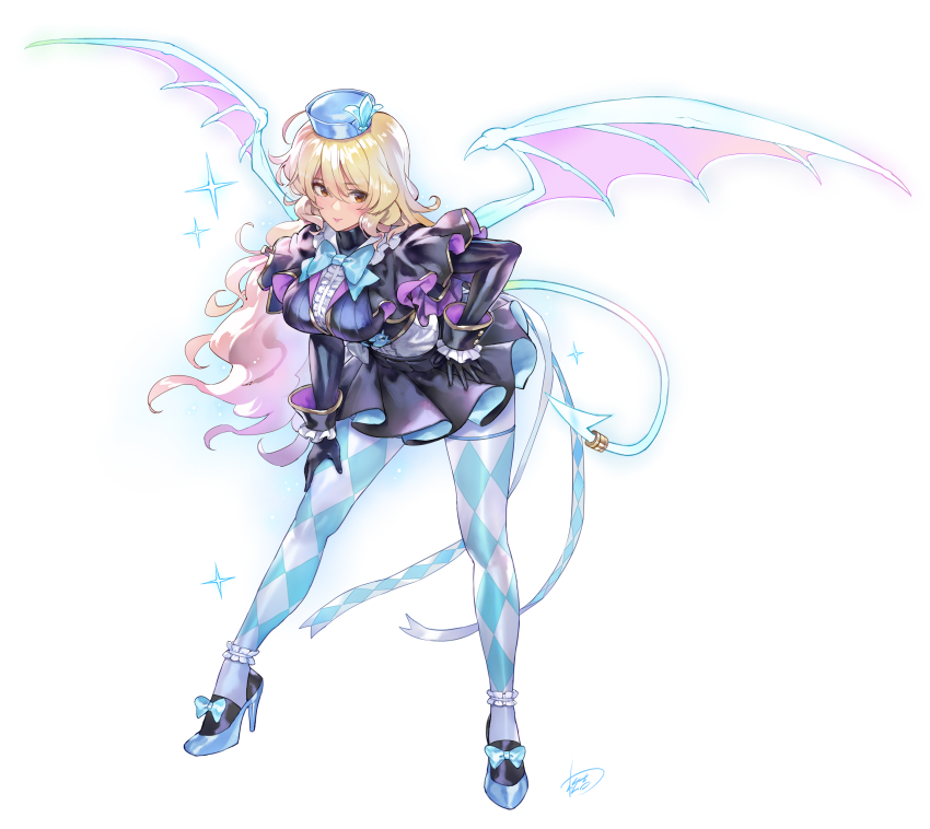 1girl absurdres argyle_clothes argyle_pantyhose black_gloves blonde_hair blue_bow bow cosplay demon_tail demon_wings evil_twin_lil-la evil_twin_lil-la_(cosplay) full_body gloves gold_trim hair_between_eyes hand_on_own_hip hand_on_own_thigh hat high_heels highres leaning_forward lil-la_(yu-gi-oh!) long_hair matsuda_(matsukichi) red_eyes shirt solo tail touhou two-sided_fabric two-sided_skirt watatsuki_no_toyohime white_shirt wings yu-gi-oh!
