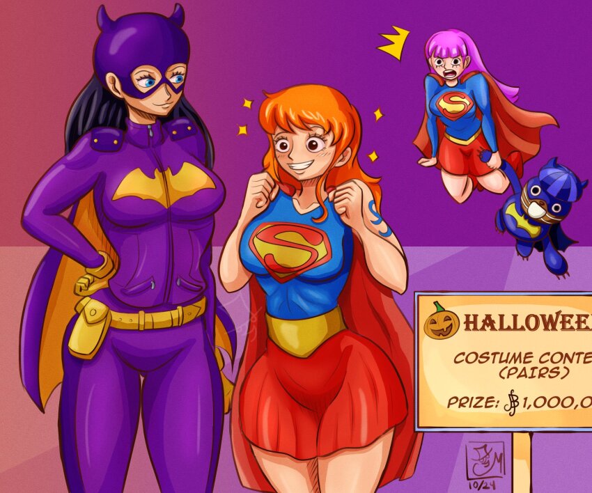 3girls :d alternate_costume batgirl batgirl_(cosplay) batgirl_costume_(2014) belt black_eyes black_hair blue_eyes blush bodysuit breasts brown_eyes cape clenched_hands closed_mouth cosplay costume cowl crossover dc_comics excited flying gloves halloween halloween_costume happy highres holding holding_stuffed_toy large_breasts latex leotard long_hair long_sleeves lower_eyelashes_only mask metalytar miniskirt multiple_girls nami_(one_piece) narrow_waist nico_robin one_piece open_mouth orange_hair perona pink_hair purple_bodysuit red_cape shoulder_tattoo simple_background single_sidelock skirt sleeved_leotard smile sparkle straw_hat_pirates stuffed_animal stuffed_toy supergirl supergirl_(cosplay) superhero_costume superman_logo surprised tattoo teddy_bear utility_belt wide_hips yellow_gloves