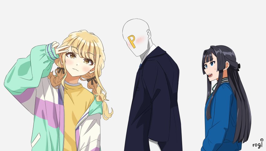 1boy 2girls absurdres artist_name black_hair blonde_hair blush braid distracted_boyfriend_(meme) fujita_kotone gakuen_idolmaster hair_ribbon hashtag-only_commentary head_tilt highres idolmaster idolmaster_million_live! in-franchise_crossover jacket looking_at_another looking_back meme mogami_shizuka multicolored_jacket multiple_girls producer_(idolmaster) ribbon rogi0615 shirt simple_background twin_braids upper_body v white_background yellow_shirt
