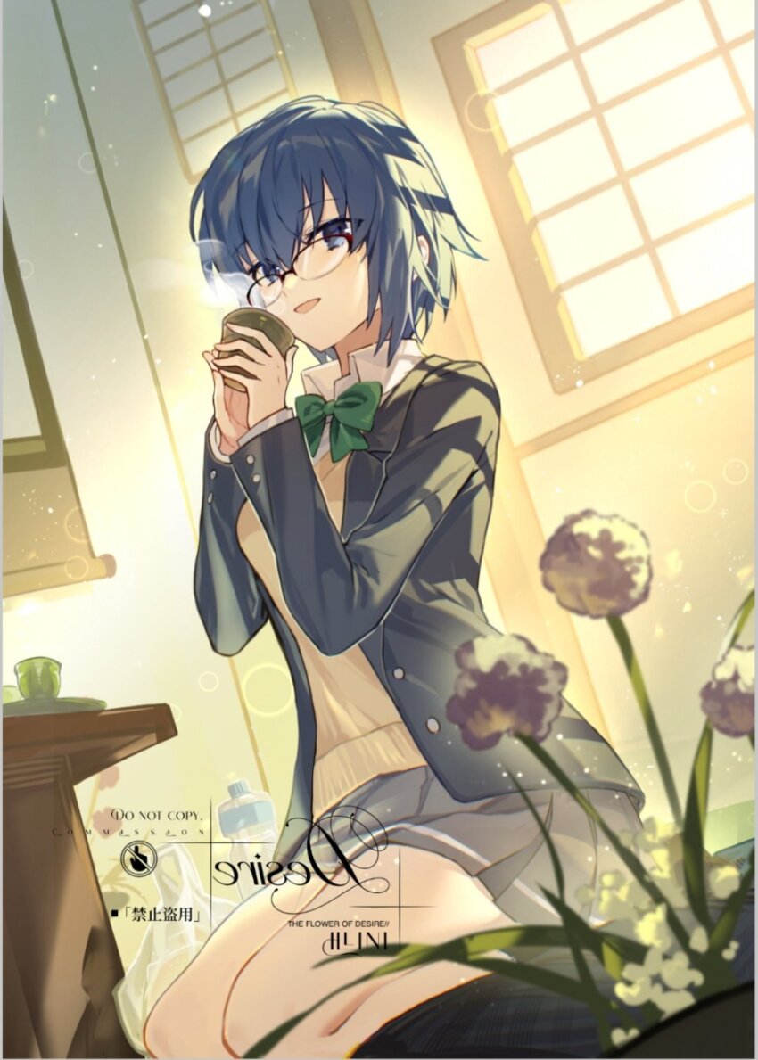 1girl architecture blue_eyes blue_hair ciel_(tsukihime) commission cup east_asian_architecture flower glasses highres holding holding_cup indoors jacket long_sleeves looking_at_viewer misaki_high_school_uniform neck_ribbon open_mouth ribbon school_uniform second-party_source seiza short_hair sitting skirt smile solo sweater tsukihime tsukihime_(remake) watermark window youling_keke