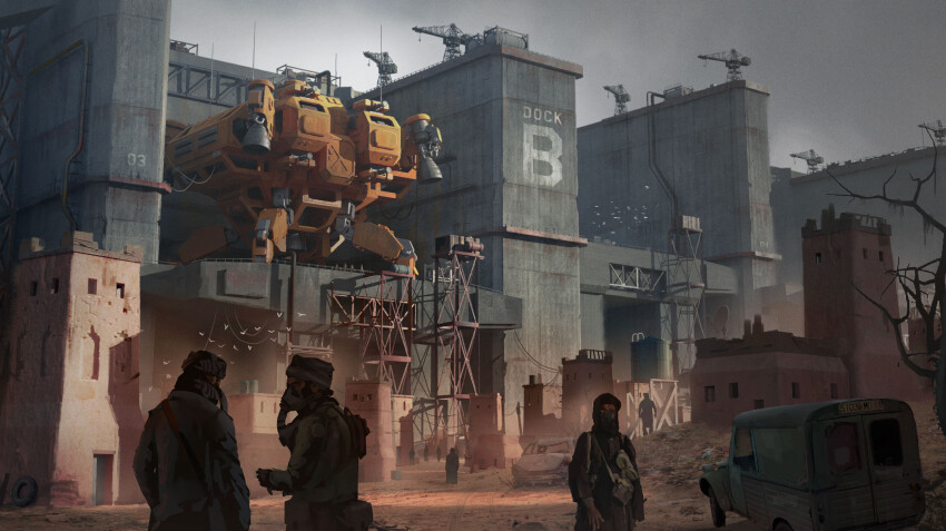 3others aircraft airship crane_(machine) dieselpunk dock gas_mask gloves highfleet highres hood landing_gear mask mechanical_legs military_vehicle motor_vehicle multiple_others nozzle radio_antenna rocket_engine tagme thomas_puggelli thrusters town vehicle_focus
