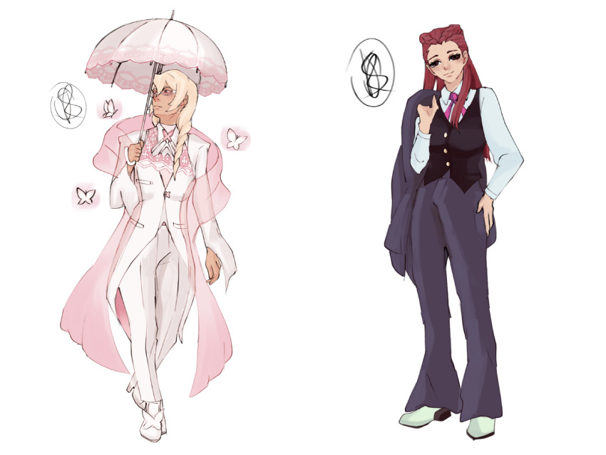 1boy 1girl ace_attorney apollo_justice:_ace_attorney black_eyes black_vest blonde_hair braid brown_hair bug butterfly commentary cosplay costume_switch dahlia_hawthorne english_commentary formal_clothes glasses hand_on_own_hip highres holding holding_jacket holding_unworn_clothes insect jacket jamescomjj jewelry kristoph_gavin long_hair necktie pants parasol phoenix_wright:_ace_attorney_-_justice_for_all shirt signature simple_background smile standing suit suit_jacket umbrella unworn_jacket vest white_background white_footwear white_pants white_shirt white_suit