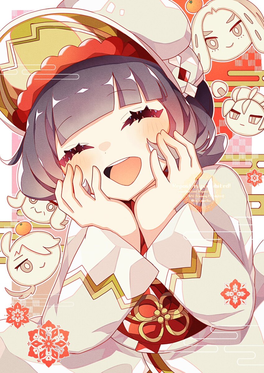 closed_eyes egasumi food fruit geeta_(pokemon) hassel_(pokemon) highres larry_(pokemon) nintendo official_alternate_costume onigiri open_mouth orange_(fruit) pokemon pokemon_masters_ex pokemon_sv poppy_(new_year&#039;s_2025)_(pokemon) poppy_(pokemon) rika_(pokemon) smile solo_focus to_camellia