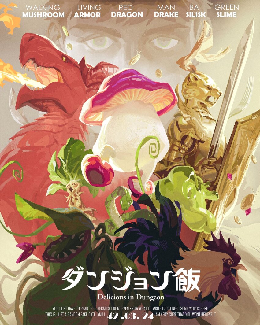 1boy armor basilisk bird breath_weapon breathing_fire chicken commentary copyright_name dragon dungeon_meshi english_text fire full_armor haku_(lyc190318170) highres laios_touden living_armor_(dungeon_meshi) looking_at_viewer mandrake monster movie_poster mushroom poster_(medium) shield slime_(creature) snake sword symbol-only_commentary walking_mushroom_(dungeon_meshi) weapon