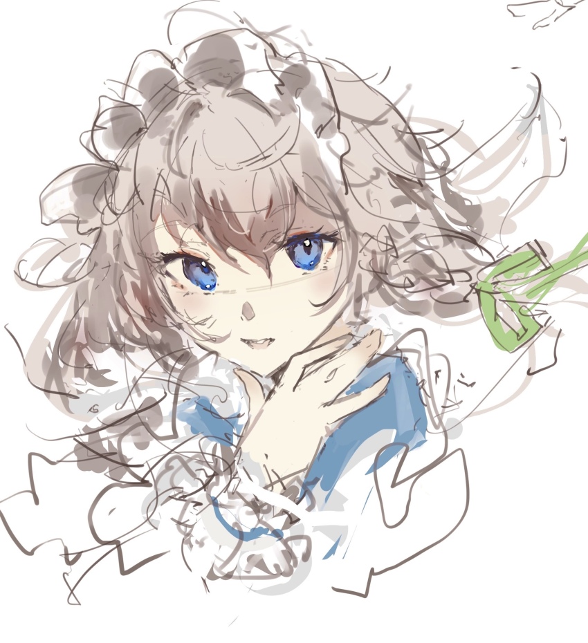 1girl blue_eyes braid green_ribbon grey_hair hair_ribbon hand_up highres izayoi_sakuya looking_at_viewer maid_headdress parted_lips po_(anhk5528) ribbon short_hair side_braid single_braid smile solo touhou