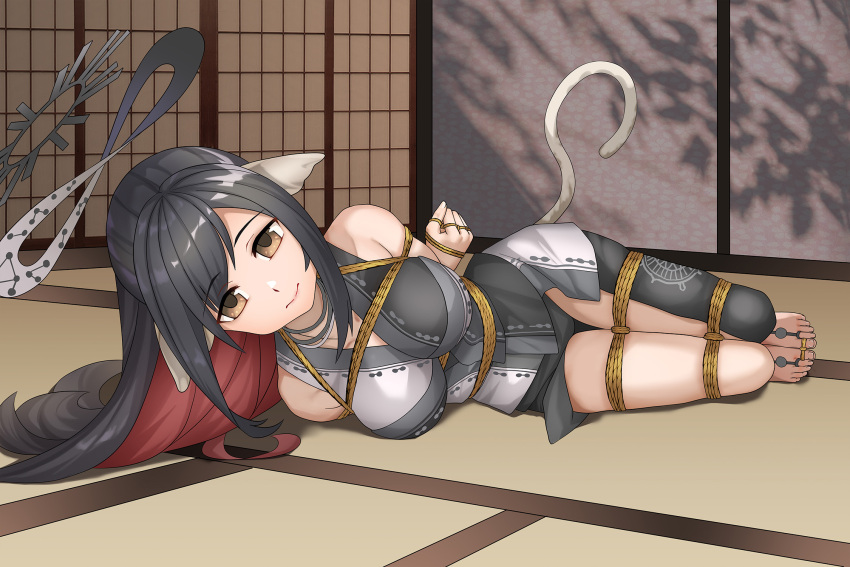 1girl animal_ears aquaplus arms_behind_back bare_shoulders barefoot bdsm black_hair blush bondage bound bound_legs bound_toes breasts cat_tail choker closed_mouth haimei1980 hair_ribbon halo highres indoors jewelry kuon_(utawarerumono) large_breasts long_hair looking_at_viewer lying multicolored_eyes multicolored_hair nose off_shoulder on_floor on_side red_hair ribbon shibari sidelocks sleeveless solo swept_bangs tail tatami two-tone_hair utawarerumono utawarerumono:_lost_flag very_long_hair yellow_eyes yukaura