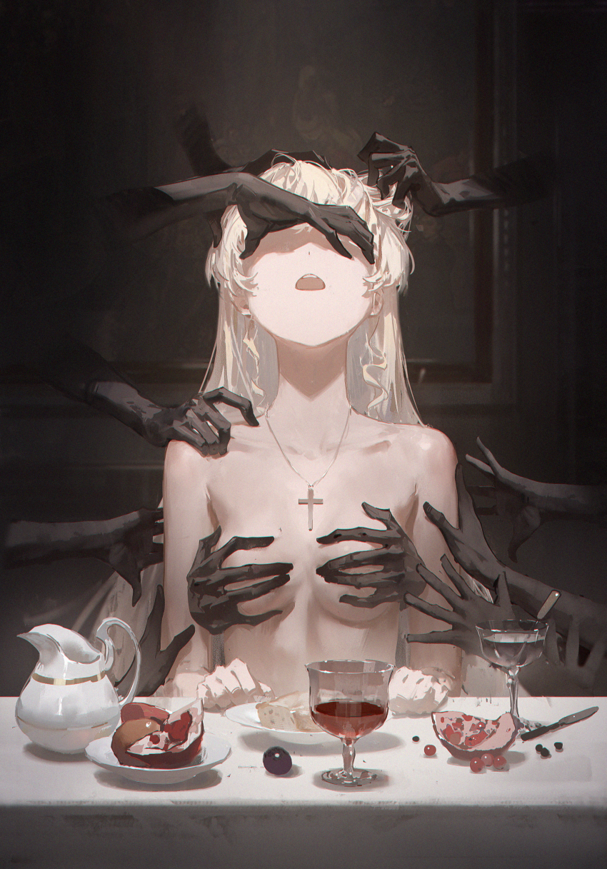 1girl absurdres blonde_hair breasts collarbone commentary covering_another&#039;s_breasts cross cross_necklace dino_(dinoartforame) disembodied_hand facing_up food fruit grabbing_another&#039;s_breast grabbing_another&#039;s_hair groping hand_in_another&#039;s_hair highres holding_another&#039;s_hair indoors jewelry jug_(bottle) long_hair necklace nude open_mouth phoebe_(wuthering_waves) pomegranate shaded_face sitting small_breasts solo_focus table too_many_arms very_long_hair white_hair wuthering_waves